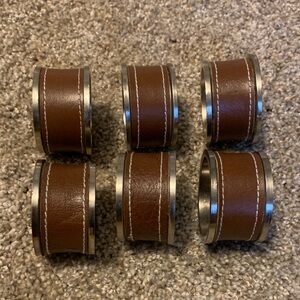 Brown Leather and Metal Napkin Rings - Set of 6